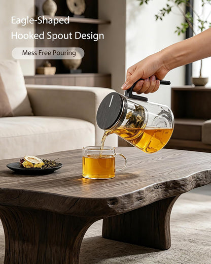 ZENS Magnetic Glass Infuser Teapot for Loose Tea, 27oz Walnut Wood Handle | Magic Teapot with Infuser, Echanted Tea Maker, Mess-Free Loose Leaf Tea Diffusers for Tea lover Gifts