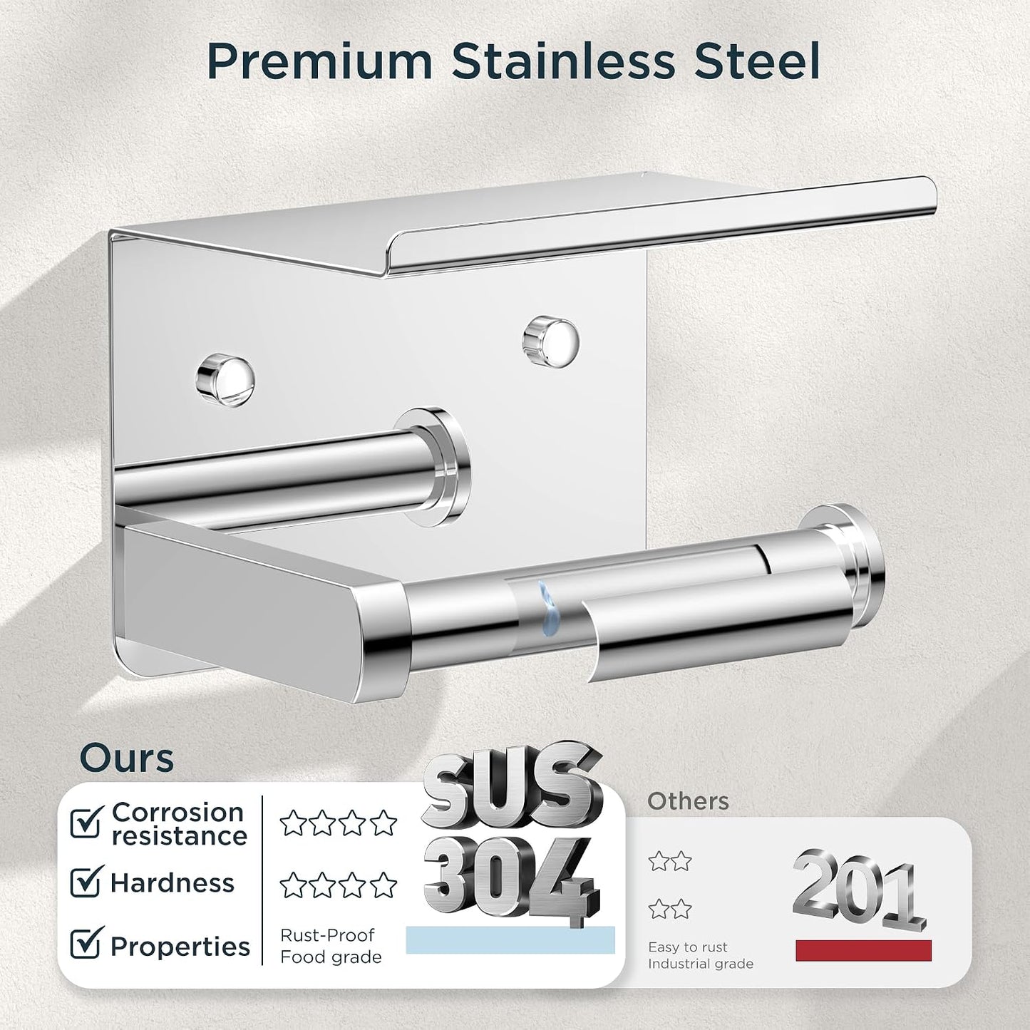 FORIOUS Toilet Paper Holder with Shelf, Adhesive or Screw, Commercial | Brushed Nickel | Wall Mount Bathroom Tissue Holder | SUS304 Stainless Steel Rustproof | Bathroom Tissue Roll Holder