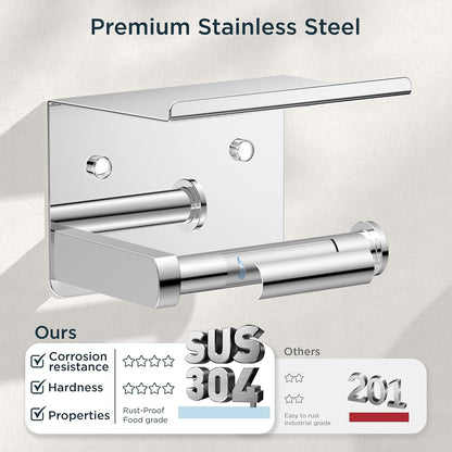 FORIOUS Toilet Paper Holder with Shelf, Adhesive or Screw, Commercial | Brushed Nickel | Wall Mount Bathroom Tissue Holder | SUS304 Stainless Steel Rustproof | Bathroom Tissue Roll Holder