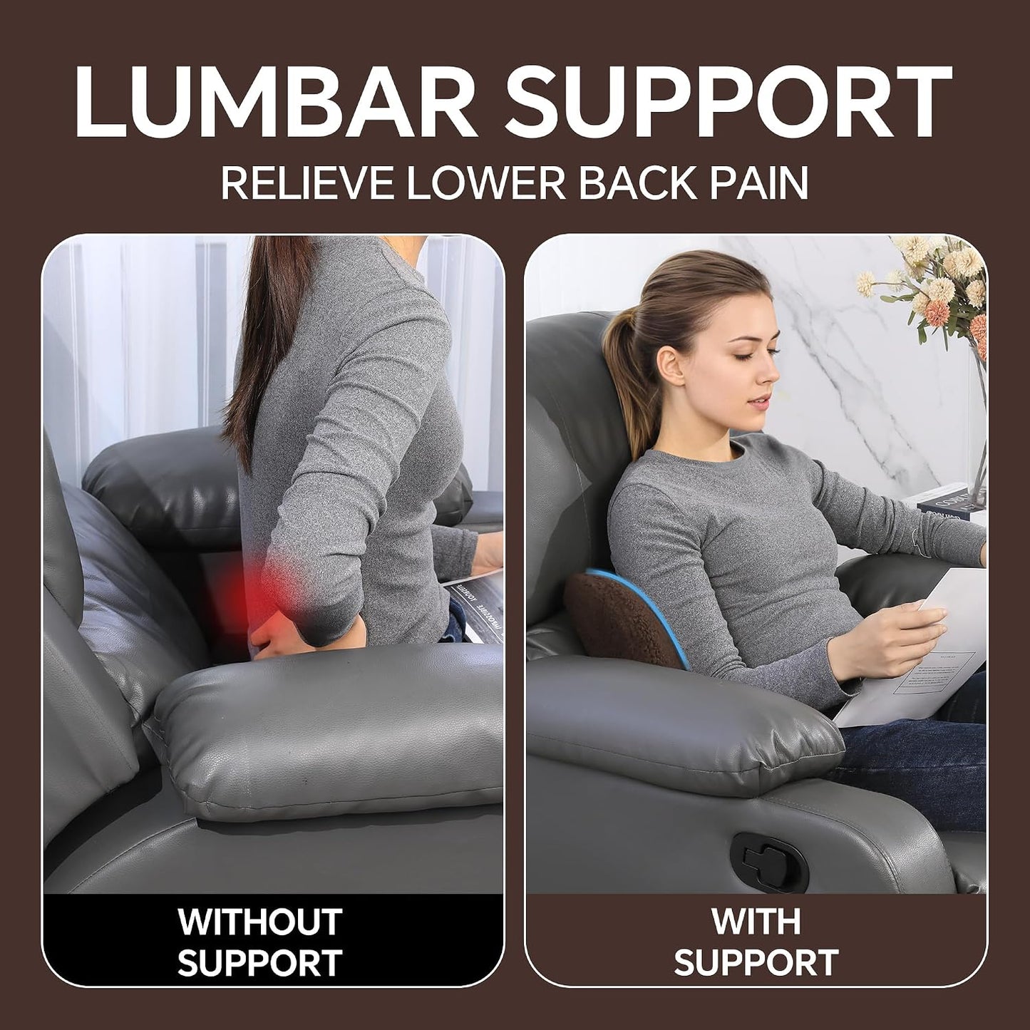 ROYALAY Sherpa Lumbar Support Pillow for Recliner, Memory Foam Back Pillow for Chair, Warm Couch Back Cushions for Elderly with Machine Washable Cover, Lumbar Pad for Car Office Chair, Brown