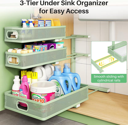 Kitstorack Under Sink Organizer, 2-Pack 3-Tier Height Adjustable Thickened Metal Pull out Cabinet Organizer Shelf, Slide out Storage Drawer Rack for Bathroom Kitchen Pantry Home Laundry Organization