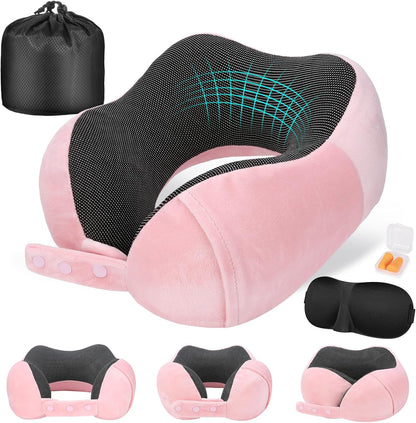 Cirorld Neck Pillow for Traveling, Travel Pillows for Airplanes,100% Pure Memory Foam Travel Neck Pillow, Adjustable Flight Pillow, Portable Plane Accessories with Eye Mask, Earplugs, Carry Bag