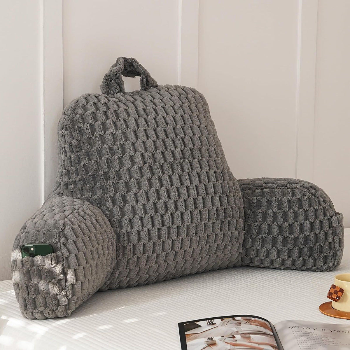 Large Reading Pillow for Adults, Back Support Pillow for Sitting Up in Bed with Arms, Couch for Lounging Bedrest, Pink