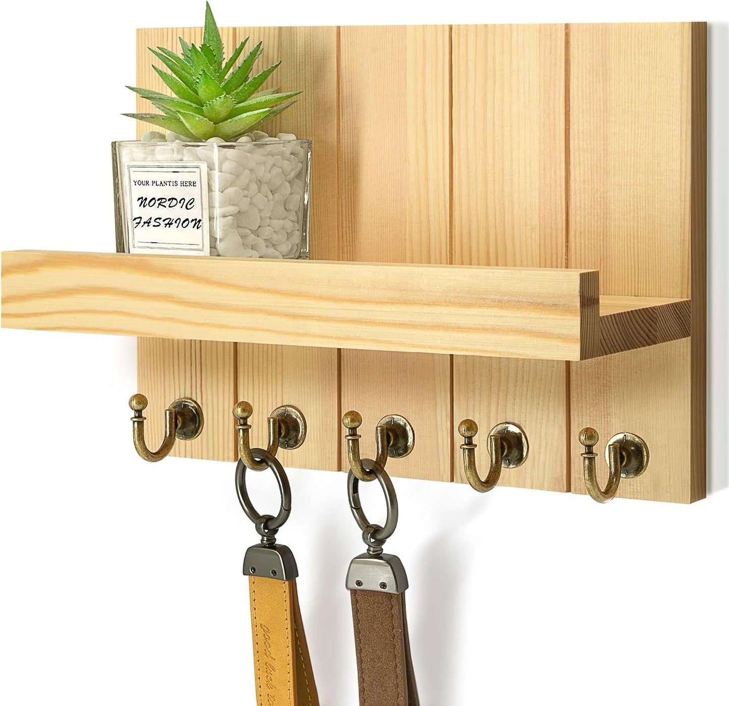 Rebee Vision Key Holder Wall Mount with 5 Key Hooks for Home Decor, Brown | 3.54'' x 10'' x 7.28'', Small Shelf for Display Plant, Key Hangers for Hat, Entryway Space-Saving Storage