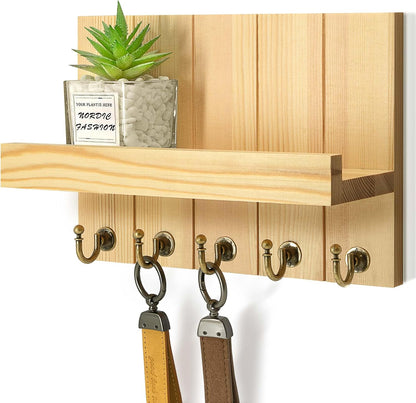 Rebee Vision Key Holder Wall Mount with 5 Key Hooks for Home Decor, Brown | 3.54'' x 10'' x 7.28'', Small Shelf for Display Plant, Key Hangers for Hat, Entryway Space-Saving Storage