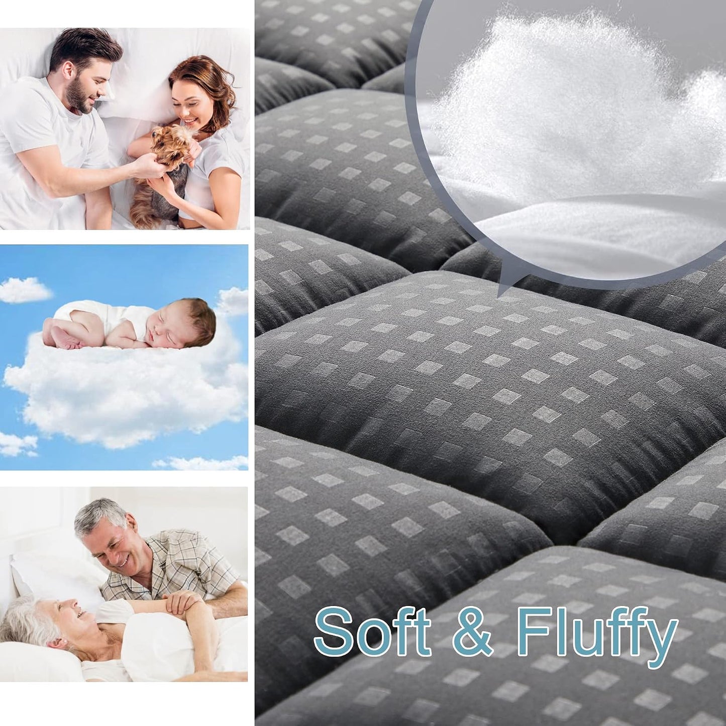 HYLEORY Queen Mattress Pad Quilted Fitted Mattress Protector Cooling Pillow Top Mattress Cover Breathable Fluffy Soft Mattress Topper with 8-21" Deep Pocket, Dark Grey