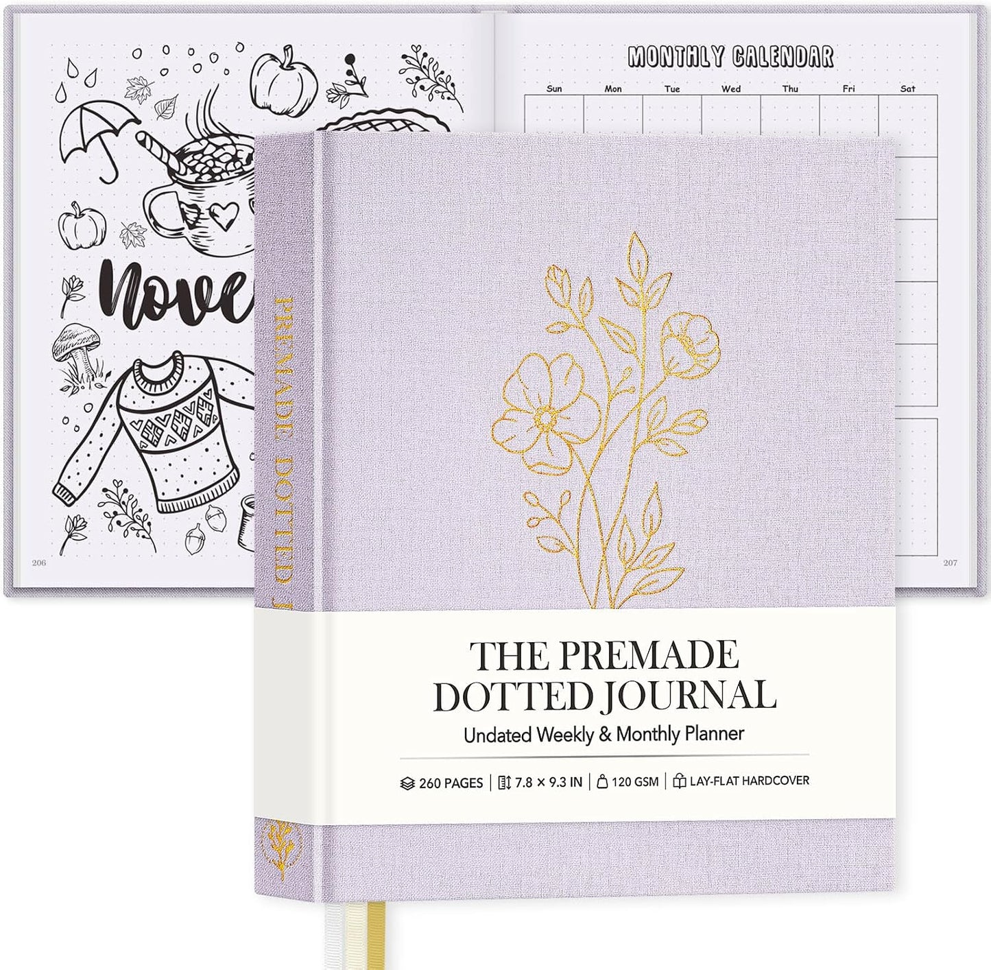 Everloria Premade Dotted Journal, 12 Months Pre-made Templates Bullet Notebook, 260 Hand-Drawn Coloring Pages, Undated Weekly & Monthly Planner, 7.8"x9.3" Linen Dot Grid Habit Mood Tracker, Sage Green