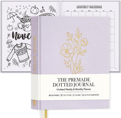 Everloria Premade Dotted Journal, 12 Months Pre-made Templates Bullet Notebook, 260 Hand-Drawn Coloring Pages, Undated Weekly & Monthly Planner, 7.8"x9.3" Linen Dot Grid Habit Mood Tracker, Sage Green