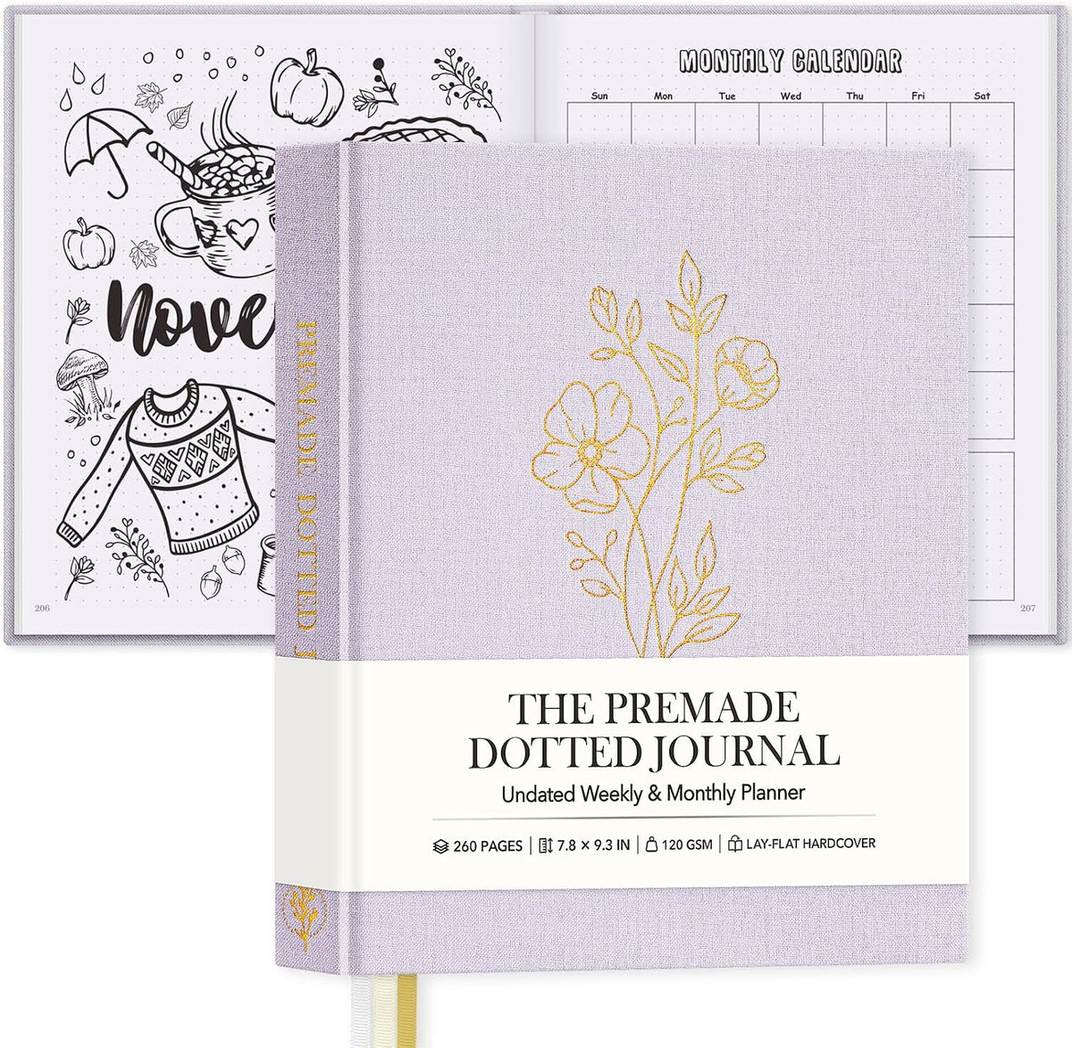 Everloria Premade Dotted Journal, 12 Months Pre-made Templates Bullet Notebook, 260 Hand-Drawn Coloring Pages, Undated Weekly & Monthly Planner, 7.8"x9.3" Linen Dot Grid Habit Mood Tracker, Sage Green