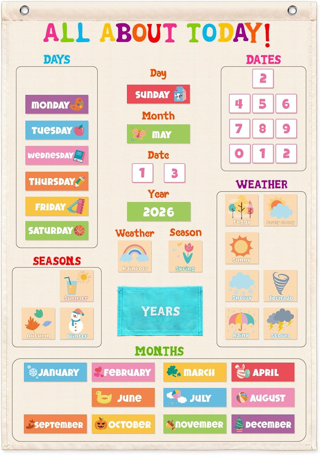 Daily Morning Board Circle Time Calendar Weather Seasons Positive Affirmations Letter Shape Number of the Day Pocket Chart,Toddler Preschool Calendar,Homeschool Morning Work Activity, Pastel Design