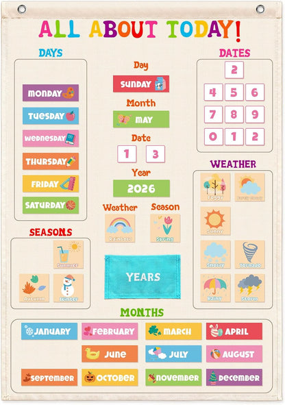 Daily Morning Board Circle Time Calendar Weather Seasons Positive Affirmations Letter Shape Number of the Day Pocket Chart,Toddler Preschool Calendar,Homeschool Morning Work Activity, Pastel Design