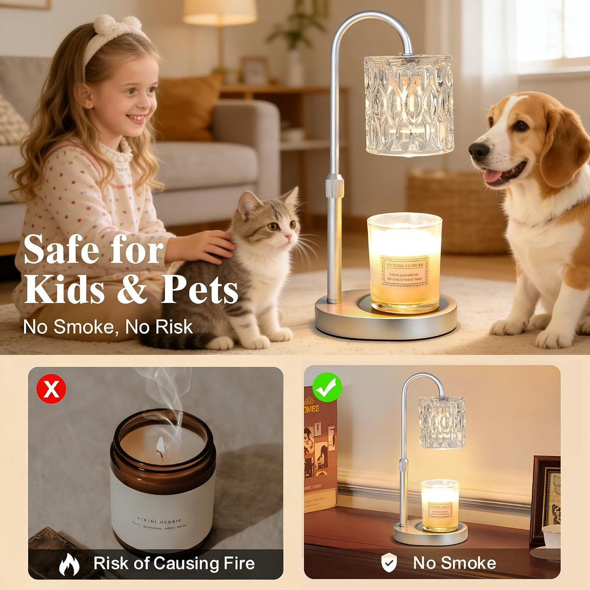 Dreamholder Electric Candle Warmer Lamp with Timer, Dimmable Candle Lamp with Adjustable Height, Wax Melter for Jar Candles Wood Base Floral Home Decor Gifts for Women Mom, Silver Glass