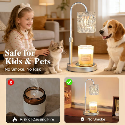 Dreamholder Electric Candle Warmer Lamp with Timer, Dimmable Candle Lamp with Adjustable Height, Wax Melter for Jar Candles Wood Base Floral Home Decor Gifts for Women Mom, Silver Glass