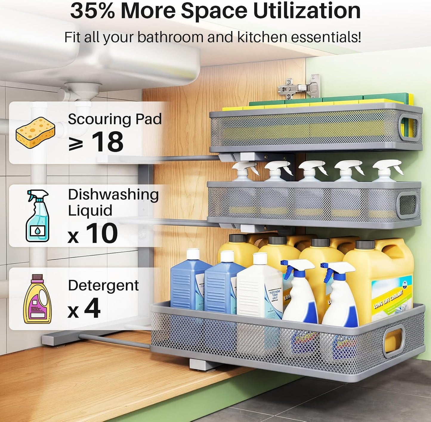 Kitstorack Under Sink Organizer, 2-Pack 3-Tier Height Adjustable Thickened Metal Pull out Cabinet Organizer Shelf, Slide out Storage Drawer Rack for Bathroom Kitchen Pantry Home Laundry Organization