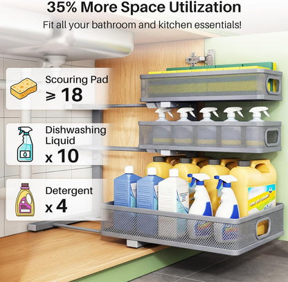Kitstorack Under Sink Organizer, 2-Pack 3-Tier Height Adjustable Thickened Metal Pull out Cabinet Organizer Shelf, Slide out Storage Drawer Rack for Bathroom Kitchen Pantry Home Laundry Organization