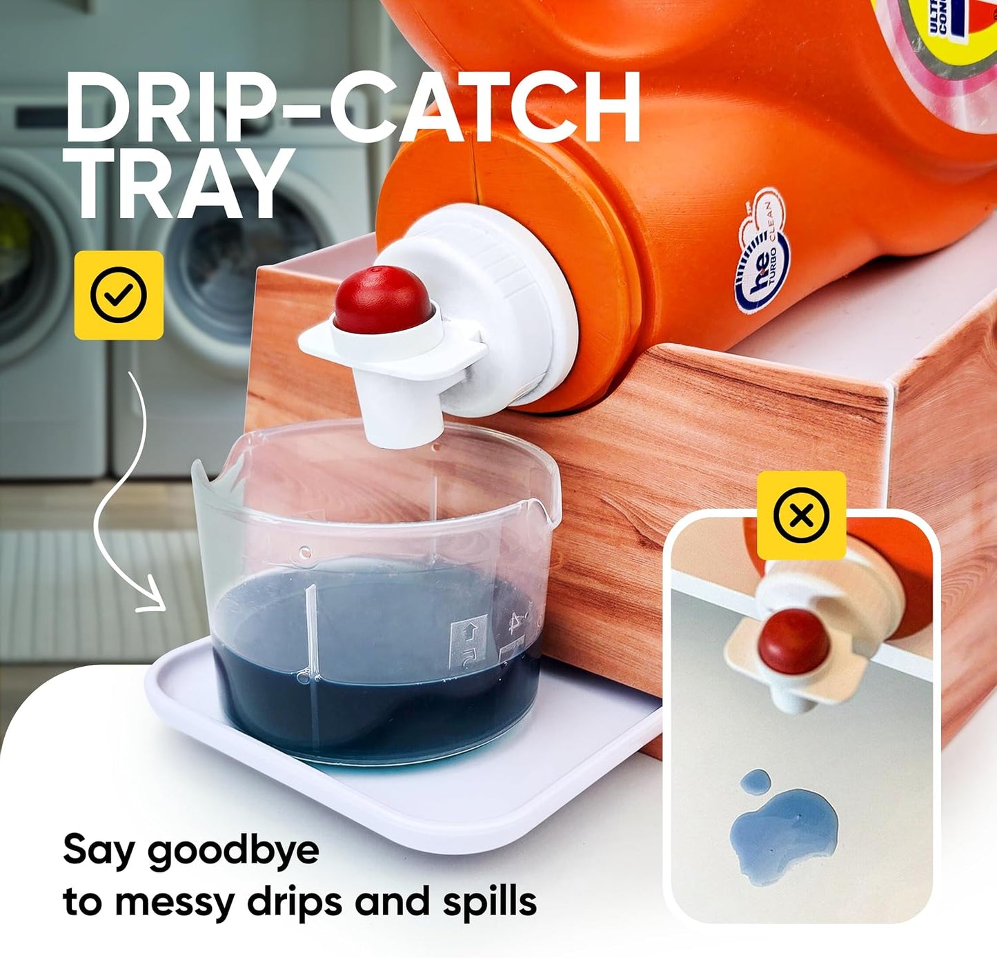 TidyFriend No-Spill Liquid Laundry Detergent Dispenser Holder, Laundry Soap Dispenser Holder with Drip Tray for Laundry Room Organization, Angled Downward Slope for Easy Pouring (No Strap, Ivory)