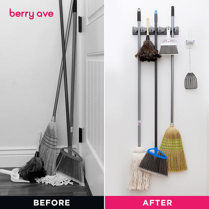 Broom Holder Wall Mount, Broom and Mop Organizer Wall Hanging Rack & Hanger | (Black) Broom Hanger Wall Mount, Mop and Broom Holder Wall Mount, Mop Holder, Hanger for Brooms and Mops, 5 Slots 6 Hooks
