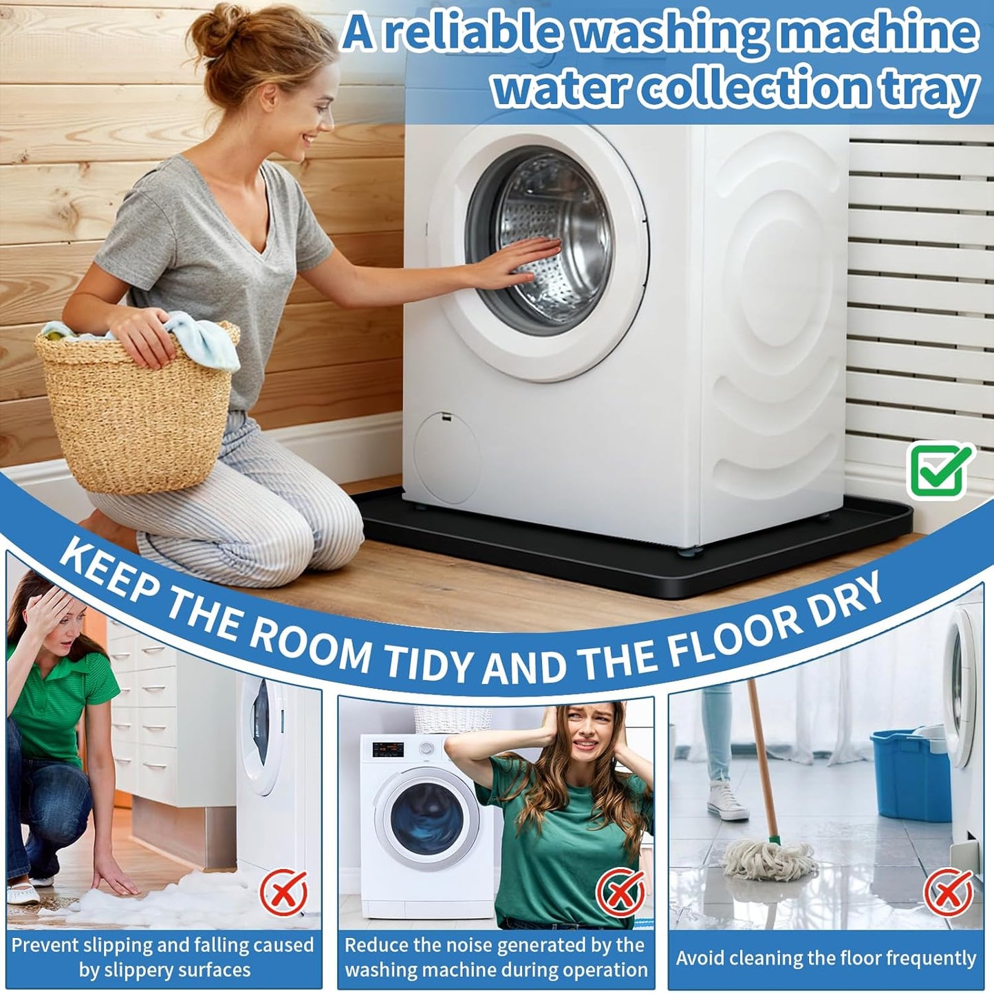 Washing Machine Drain Pan Silicone mat 27"x27" with 0.79" Raised Edges, Leak-Proof Silicone Mat, Non-Slip Waterproof Floor Protector for Washer Dryer (Grey)