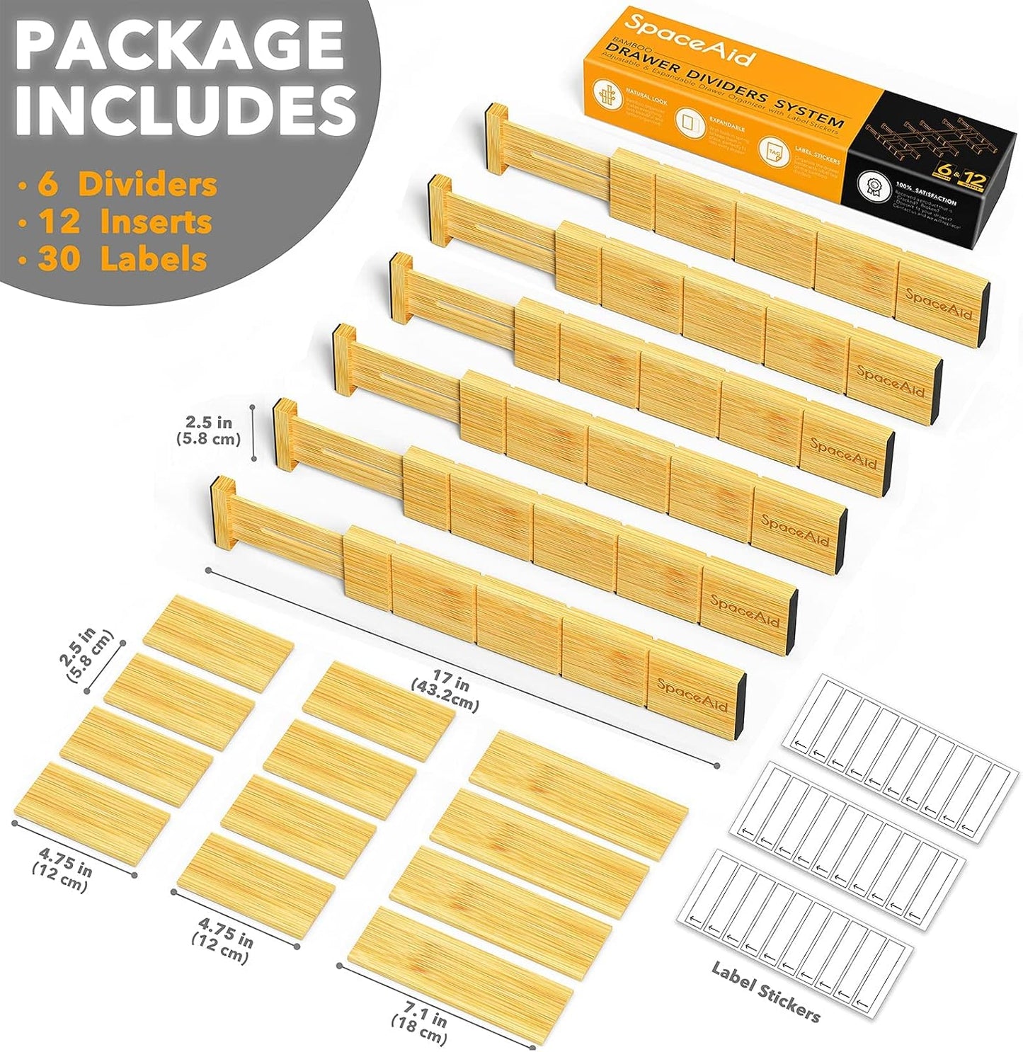 SpaceAid Bamboo Drawer Dividers with Inserts and Labels, Kitchen Adjustable Drawer Organizers, Expandable Organization for Home, Office, Dressers and Bathroom, 6 Dividers with 12 Inserts (17-22 in)
