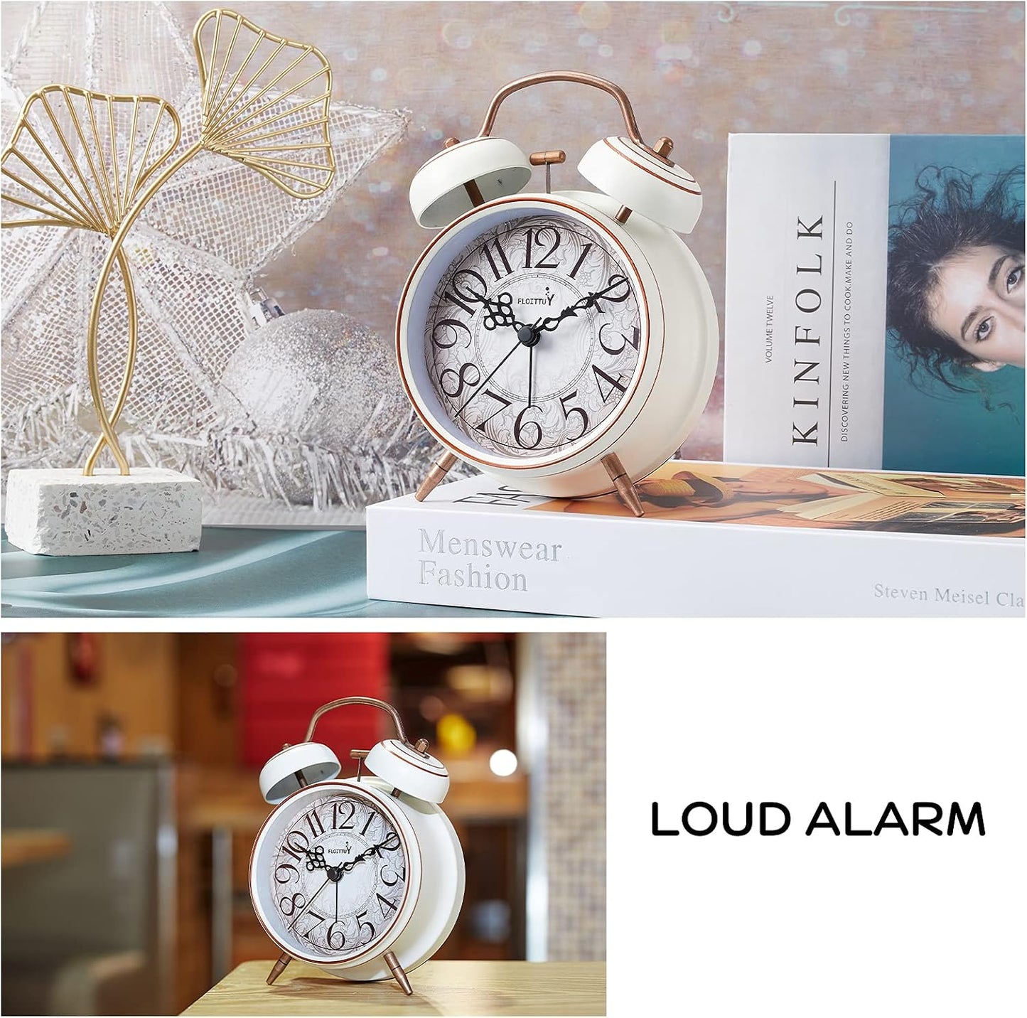 FLOITTUY Loud Alarm for Deep Sleepers 4'' Retro Twin Bell Alarm Clock with Backlight for Bedroom and Home Decoration(Retro Black)