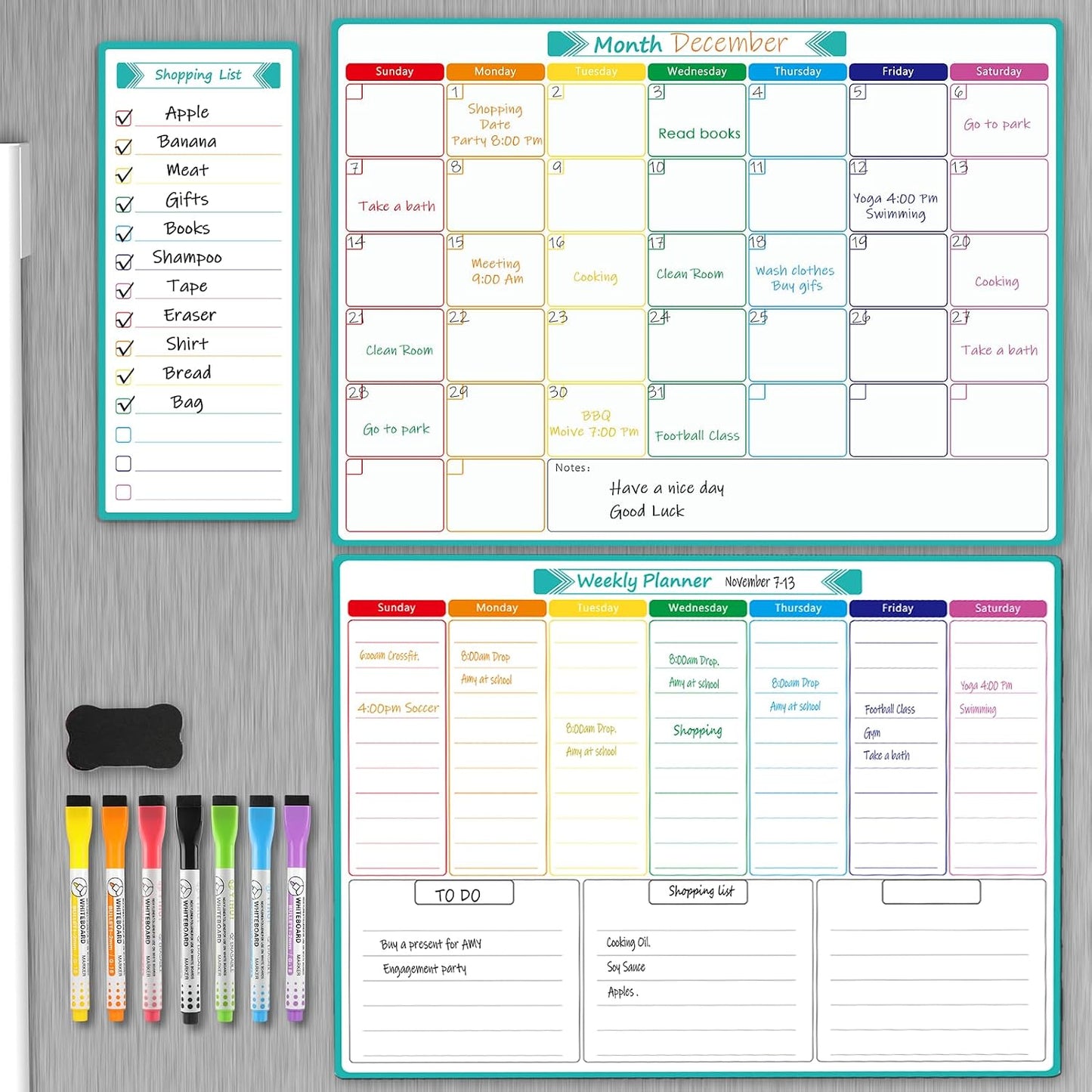 MaxGear Weekly Dry Erase Board for Fridge, 16"x12" Magnetic Calendar | Strong Magnetic, Smooth Writing and Effortless Erasing, Stain Resistant without any Stains with 7 Markers and 1 Eraser
