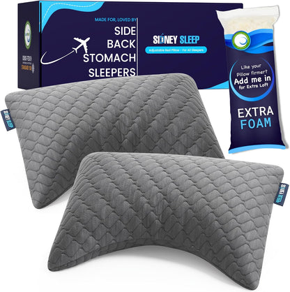 Sidney Sleep Adjustable Curved Pillows for Neck and Shoulder Support with Extra Shredded Fill - Cervical Contour Pillow for Side and Back Sleepers - Queen Size 19" x 29" CertiPUR-US Certified (White)