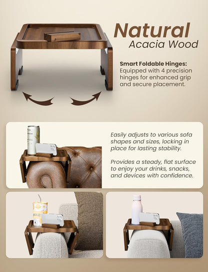HOLANA 13.75" Acacia Sofa Arm Tray Table, Double Hinge, Natural Wood Color | Solid Acacia Wood, Spacious Surface, Clips Securely with Double-hinge Grip, Foldable & Portable, Multipurpose, No Assembly