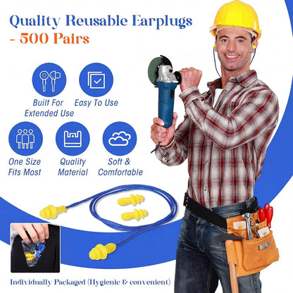 Relaxweex 500 Pairs Corded Ear Plugs Bulk 25dB NRR Reusable Silicone Ear Plug with String Individually Wrapped Earplugs for Sleeping Noise Reduction Hearing Protection Shooting Work (Blue Yellow)