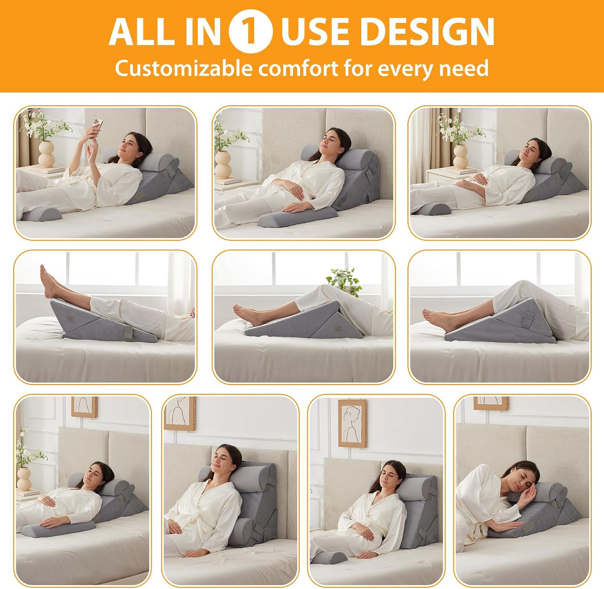Ruqmuis Wedge Pillow Set for After Surgery, 3PCS Adjustable 9&12 Inch Bed Wedge Pillow for Sleeping, Incline Pillow Wedge for Headboard, Post Surgery, Acid Reflux, Neck&Back Support, White/Grey
