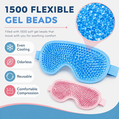Gel Eye Mask, 2 Pack Cooling Eye Mask for Puffiness & Dark Circles, Hot/Cold Reusable Ice Packs with Flexible Beads, Full Coverage Compress Sleeping Mask with Adjustable Soft Plush Strap for Women Men