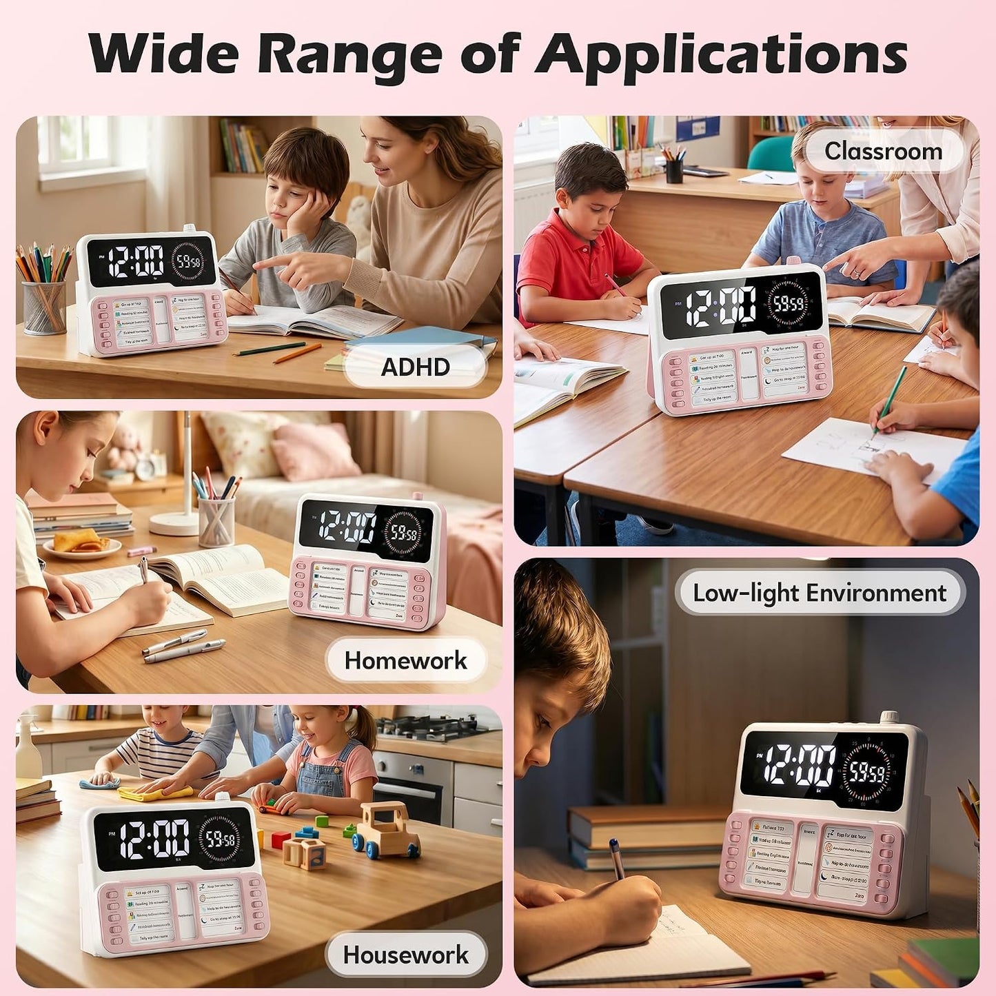 Visual Timer for Kids/Adults, ADHD Tools for Kids with Visual Schedule, 6-in-1 Time Timer with Alarm/Countdown/Digital Clock/Chore Chart, Smart Autism/ADHD Task Timer for Home Classroom - Pink