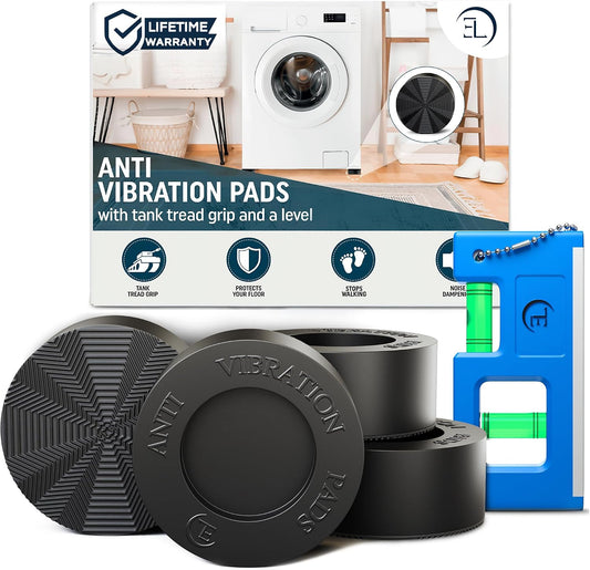 Anti Vibration Pads for Washing Machine with Tank Tread Grip - 4 Pack + Level - Fits Most Round Feet up to 1.75” - Stops Washer Dryer from Moving - Rubber Antivibration Stabilizer for Leveling Washer