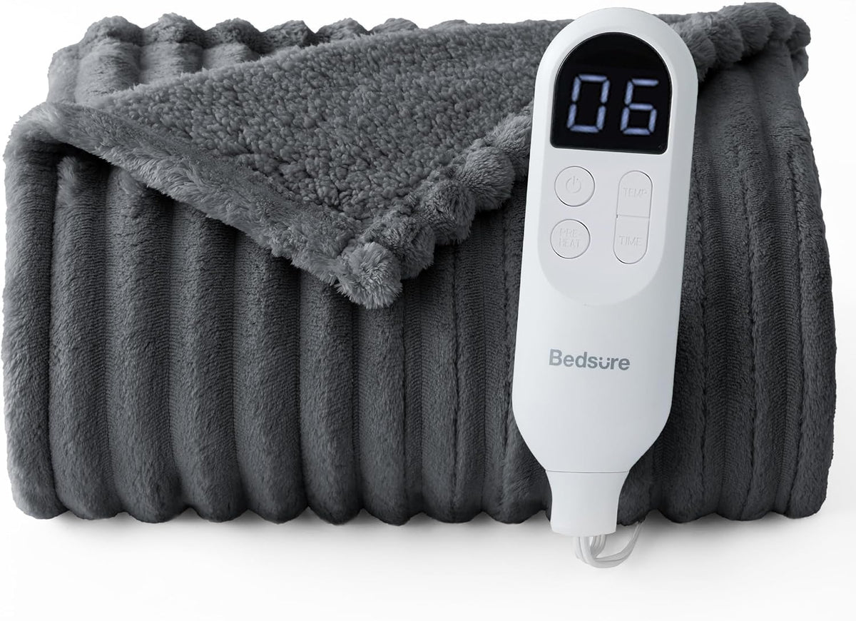Bedsure Heated Blanket Electric Throw - Thick Striped Fast Heating Electric Blanket with Preheat Function, 6 Heat & 6 Timer (Up to 10H), 8H Auto Off, ETL Certified, Gifts for Women (50"x60", White)