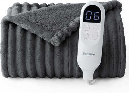 Bedsure Heated Blanket Electric Throw - Thick Striped Fast Heating Electric Blanket with Preheat Function, 6 Heat & 6 Timer (Up to 10H), 8H Auto Off, ETL Certified, Gifts for Women (50"x60", White)
