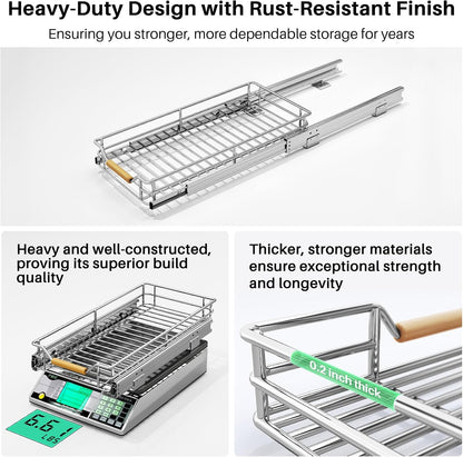 Pull out Cabinet Organizer, 15"W X 21"D, Heavy Duty Smooth Sliding Under Cabinet Shelves for Pots and Pans, Full-Extension Roll out Drawers, Slide out Organization for Home Kitchen Pantry