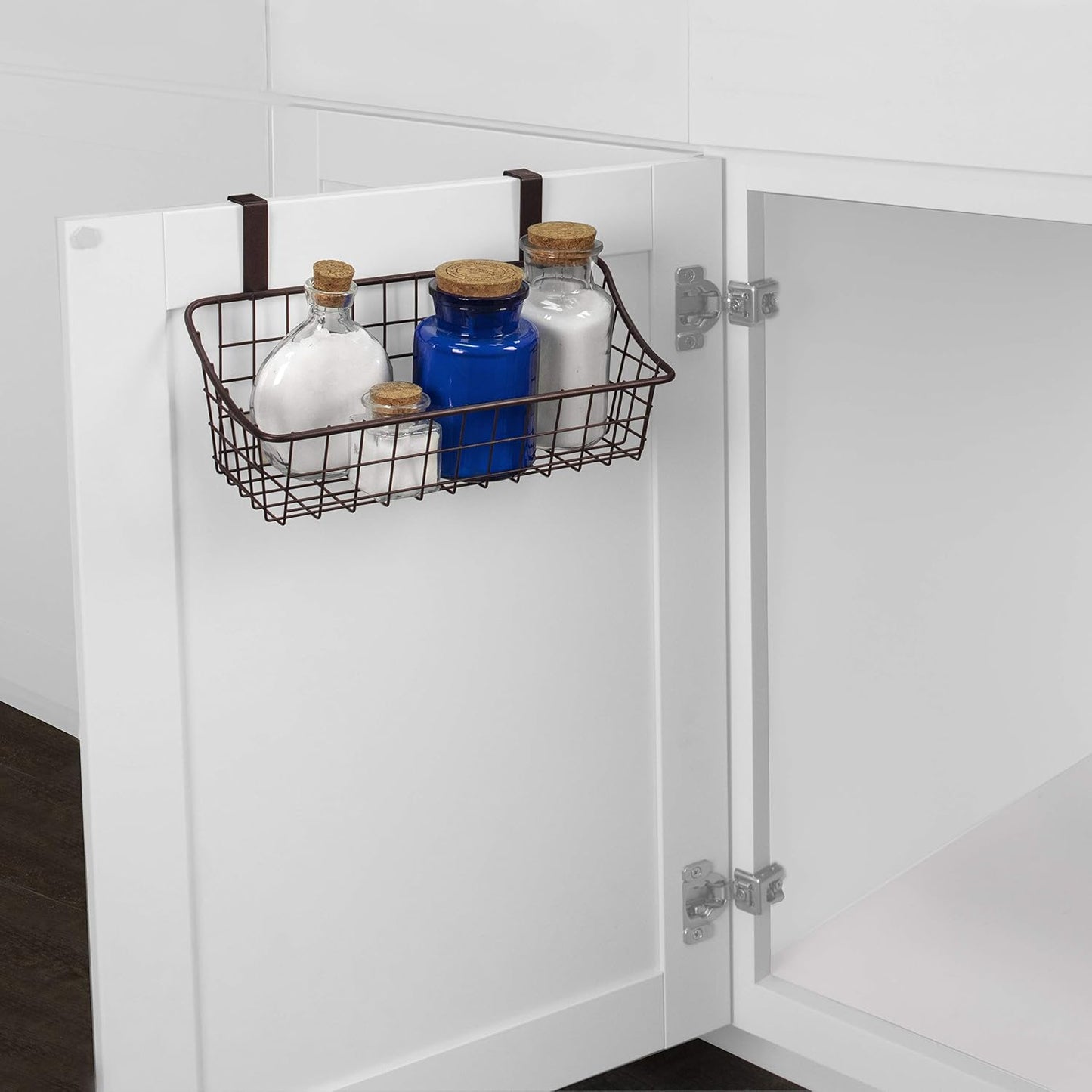 Spectrum Hanging Baskets for Organizing (Large, Satin Nickel) - Grid Over the Cabinet Wire Basket for Kitchen or Bathroom - Door Hanging Storage Organizer for Cleaning Supplies, Washcloths, & Towels