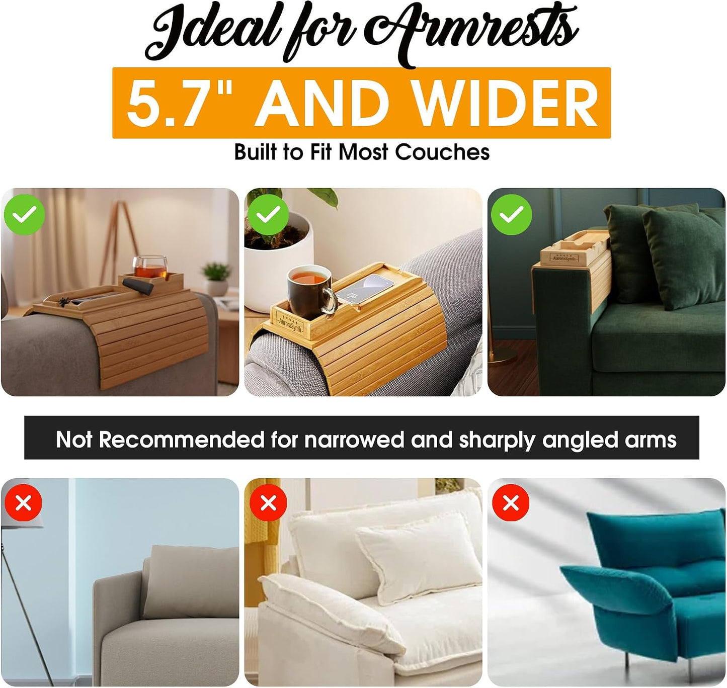 Bamboo Couch Cup Holder, 2 Cork Coasters, Anti-Slip Foldable Couch Arm Tray | 2 in 1 Foldable Sofa Arm Tray, Couch Armrest Table, Anti-Spill Couch Arm Table for Drinks TV Remote Cellphone Snacks