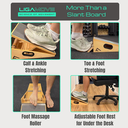 Adjustable Wooden Slant Board - Calf Stretcher - Foot Roller & Toe Stretcher
