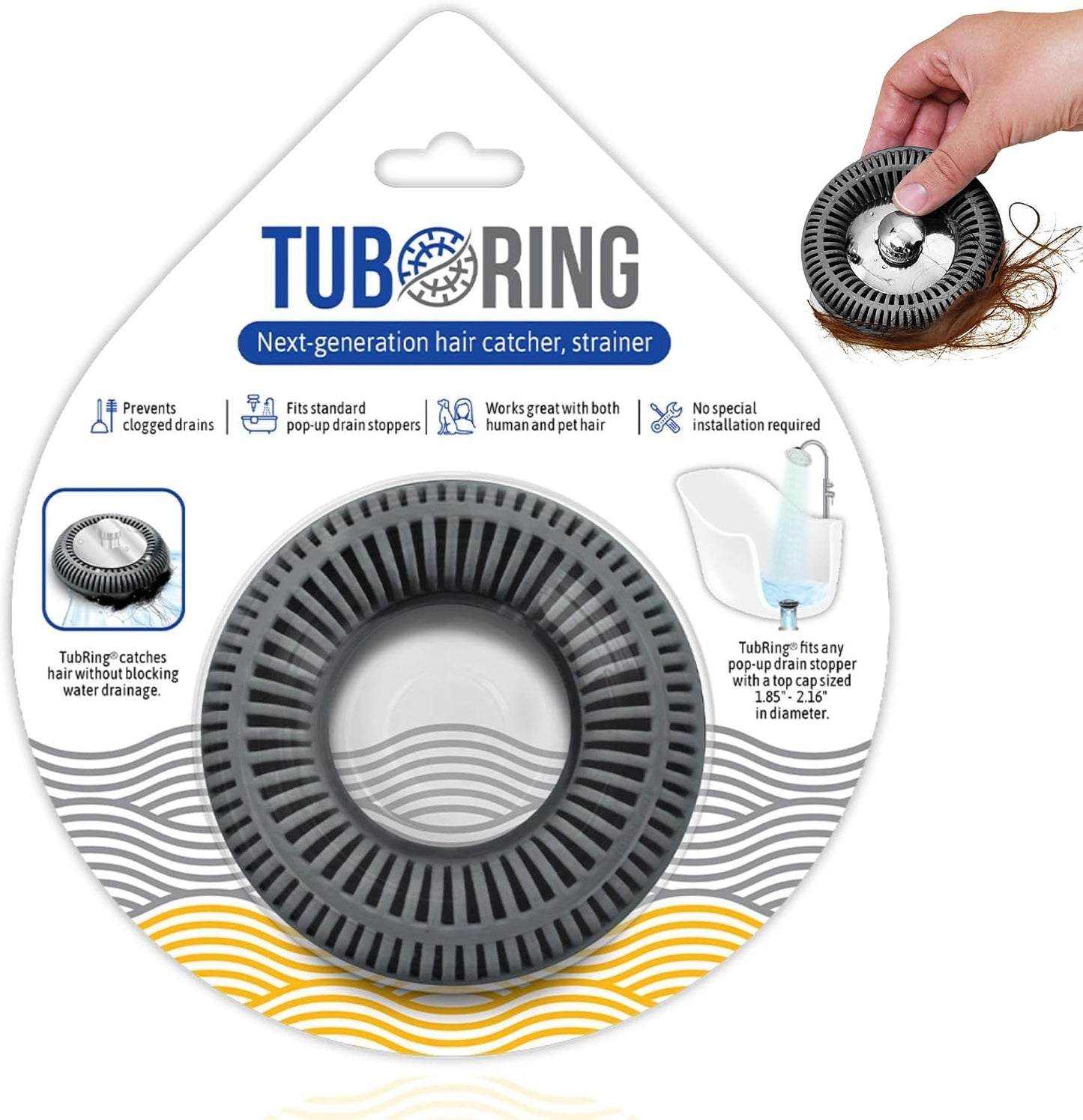 TubRing Pop-Up Drain Protector & Strainer Silicone Hair Catcher, Aqua | Easy snap-in design fits around bathtub stoppers. Customizable utility guard for clog prevention. Fits 1.85"- 2.16" drains.
