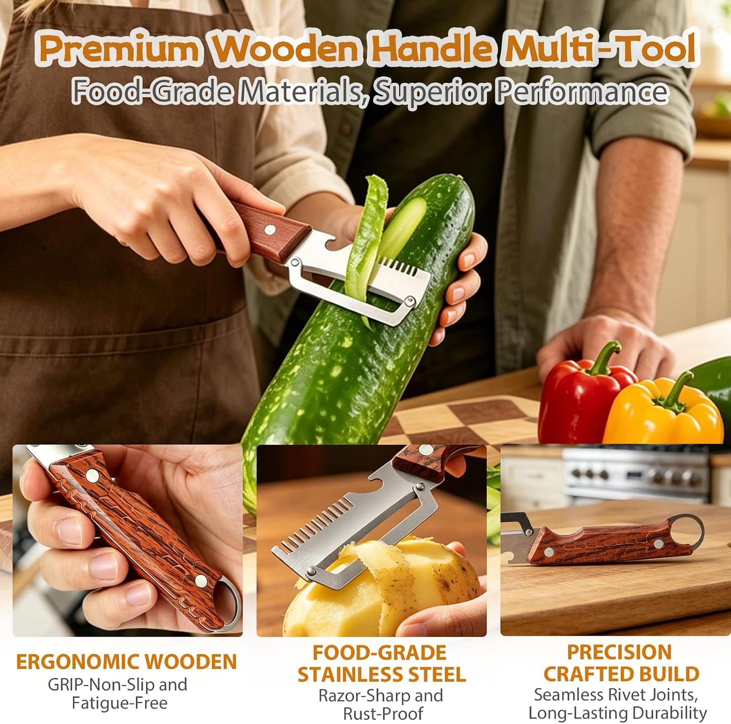 2 Pcs 3-in-1 Multifunctional Vegetable Peele, New Multifunctional Stainless Steel Fruit Peeler with Wooden Handle, Tool for Kitchen