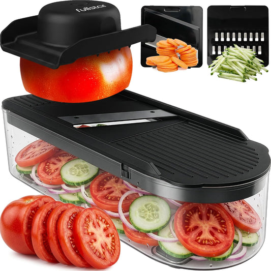 Fullstar Essential Mandoline Vegetable Slicer & Julienne Cutter | 2 in 1 Compact Fruit Cutter, Cucumber Slicer & Cheese Grater, with Stainless Steel Blades, Guard & 3-Cup Container (Black)