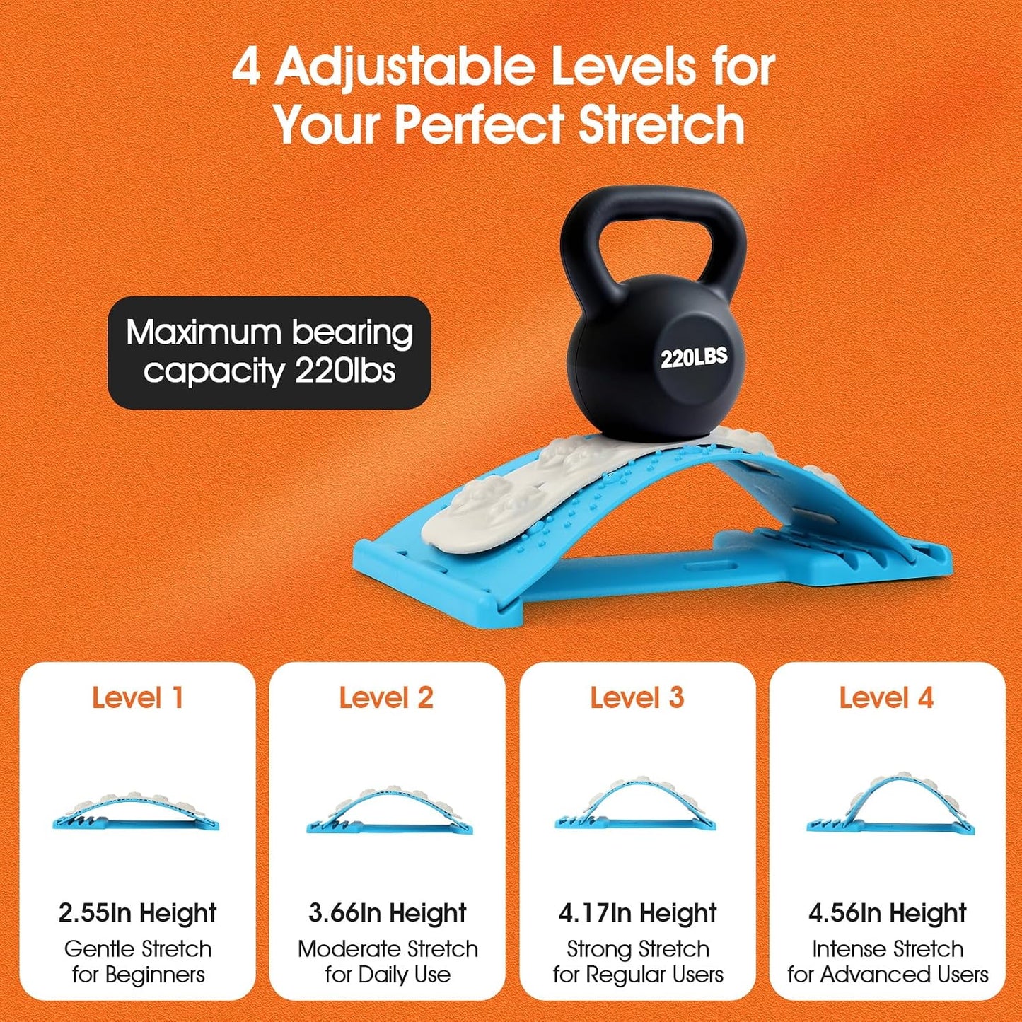 Premium Back Stretcher for Lower Back Pain Relief – 4-Level Adjustable Lumbar Support Board with Soft EVA Massage Strip – Durable & Portable Back Cracker to Release Tension and Reset Your Day (Black)