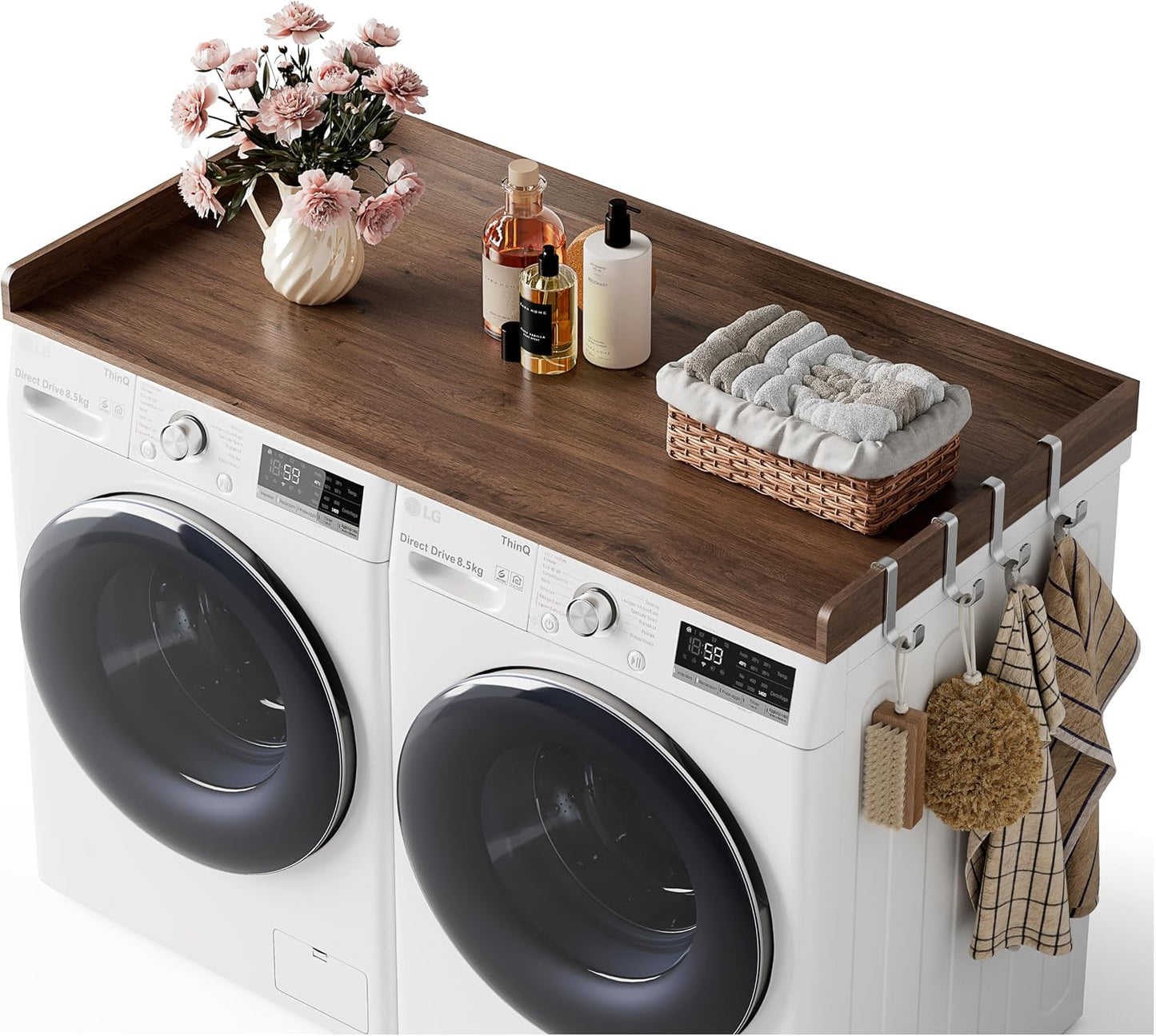2-Tier Washer Dryer Countertop with Shelves & Metal Hooks, 27" W x 27.5" D Large Laundry Topper for Room Organization & Folding Clothes & Storage(Oak)