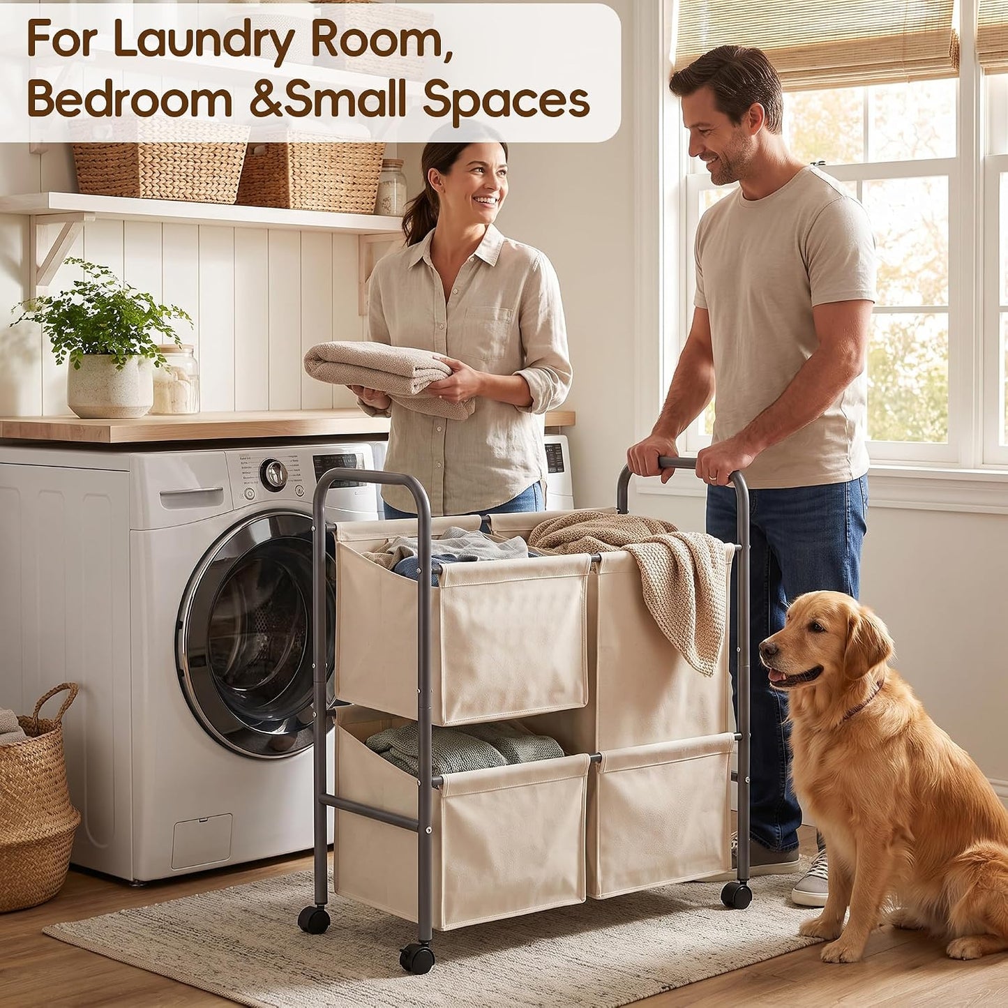 130L Laundry Hamper with Wheels, 3 Section Laundry Sorter Cart with Removable Bags, Rolling Clothes Hamper with Waterproof Lining, Sturdy Freestanding Canvas Laundry Basket for Laundry Room, Beige