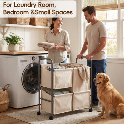 130L Laundry Hamper with Wheels, 3 Section Laundry Sorter Cart with Removable Bags, Rolling Clothes Hamper with Waterproof Lining, Sturdy Freestanding Canvas Laundry Basket for Laundry Room, Beige