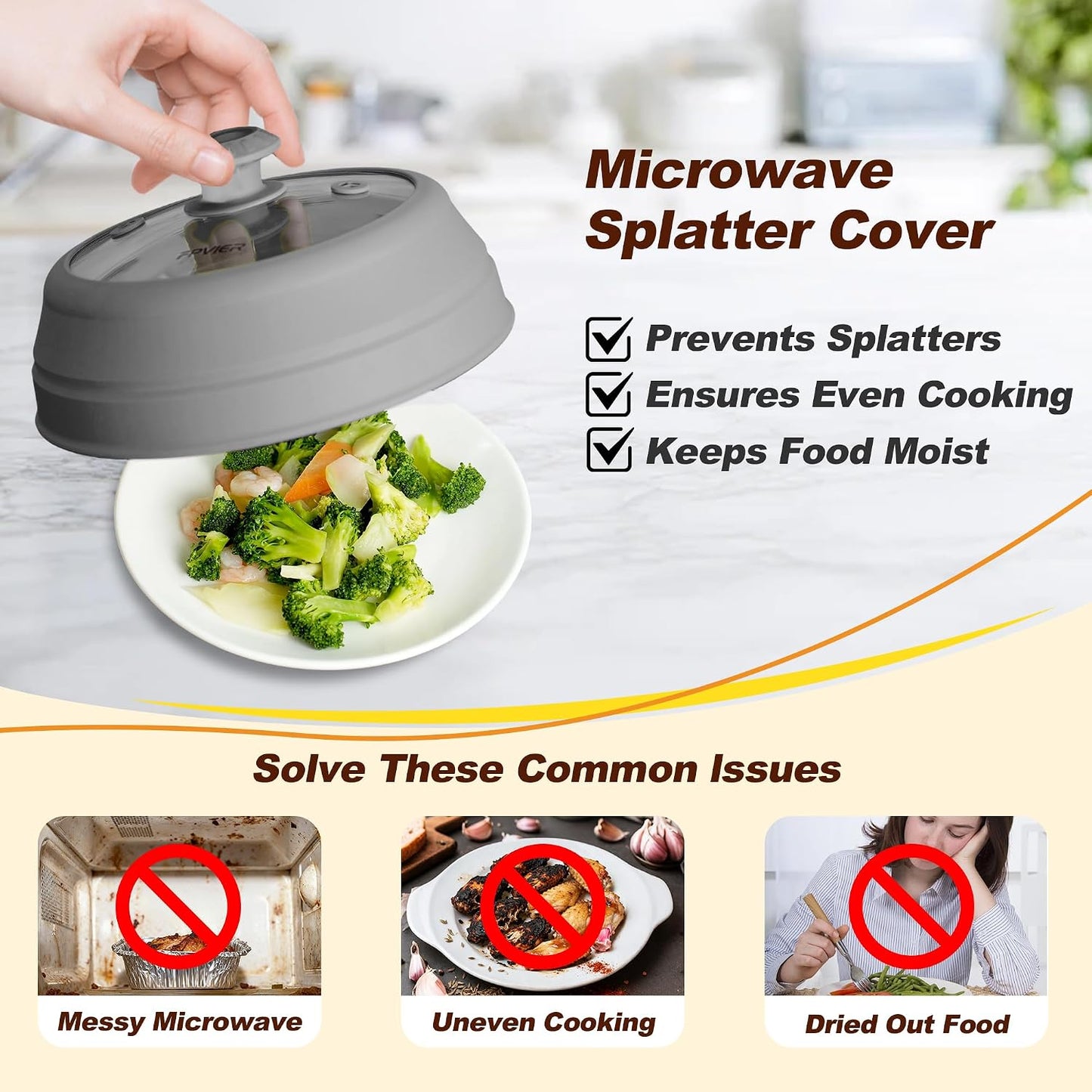 Microwave Splatter Cover, Vented Silicone & Glass Anti-Splatter Lid with Handle, Collapsible Food Plate Cover Fits 6–11 Inch Plates and Bowls (Black, 10.8inch)