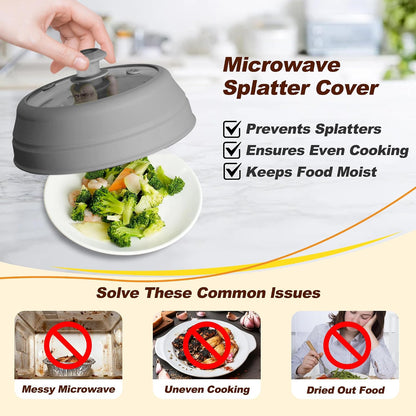 Microwave Splatter Cover, Vented Silicone & Glass Anti-Splatter Lid with Handle, Collapsible Food Plate Cover Fits 6–11 Inch Plates and Bowls (Black, 10.8inch)
