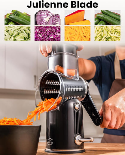 Zulay Kitchen Rotary Cheese Grater 5 Blade Cheese Shredder - Manual Hand Crank Cheese Grater With Reinforced Suction & 5 Interchangeable Drums - Easy to Use, Vegetable Chopper Round Mandoline Slicer - Colors B