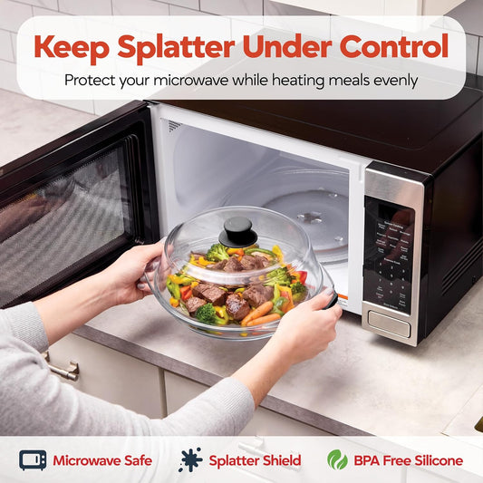 Bezrat 2in1 Glass Microwave Plate and Cover/Splatter Guard Lid, with Easy Grip silicone handle, 100% Food Grade, BPA Free and Dishwasher safe (Black)
