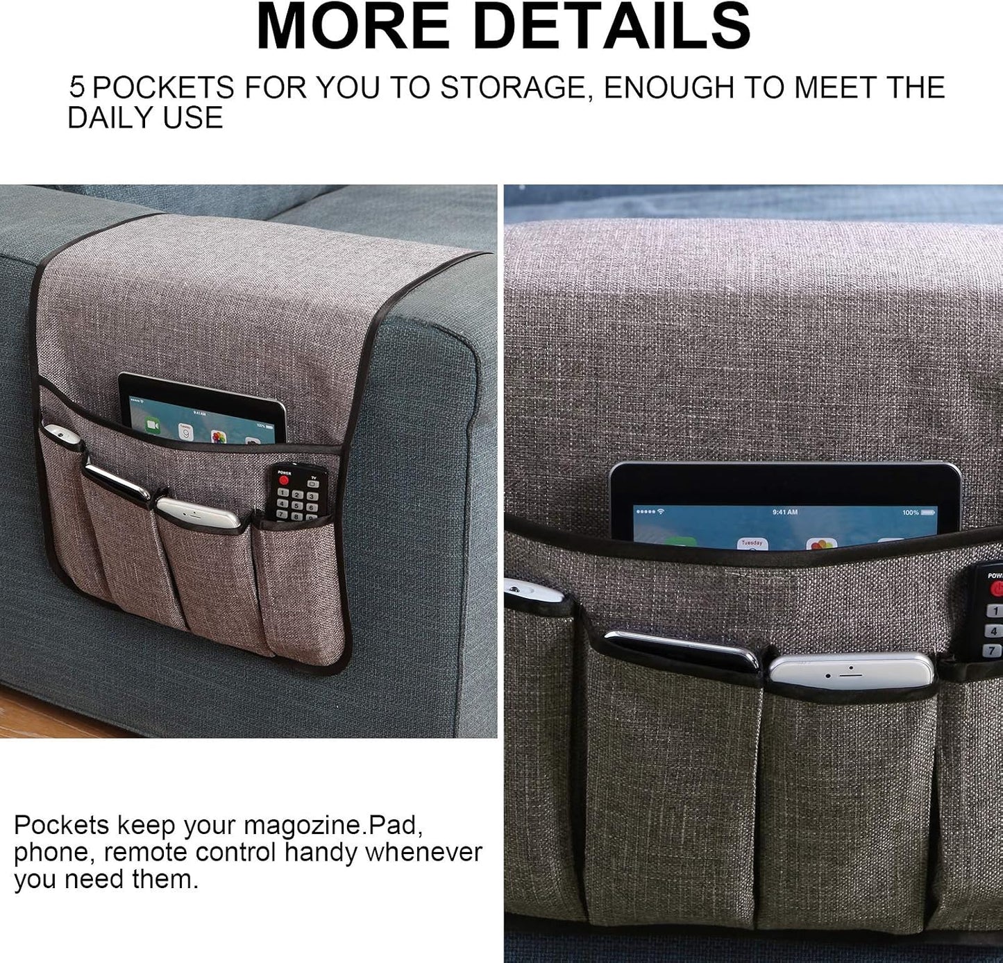 Sofa Armrest Organizer Non-Slip Remote Control Holders for Recliner Couch Chair Armchair Caddy with 5 Pockets for Table,Cell Phone,Ipad,Magazines,Books (Black, 13 x 35 Inch)